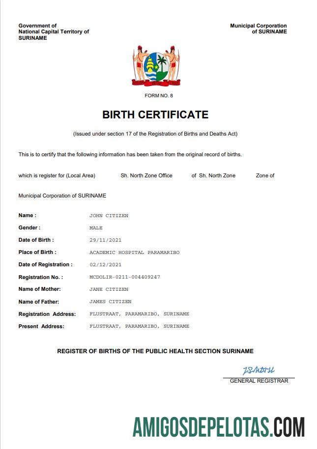 Em branco modelo Word e PDF de certidão de nascimento de registro vital do Suriname